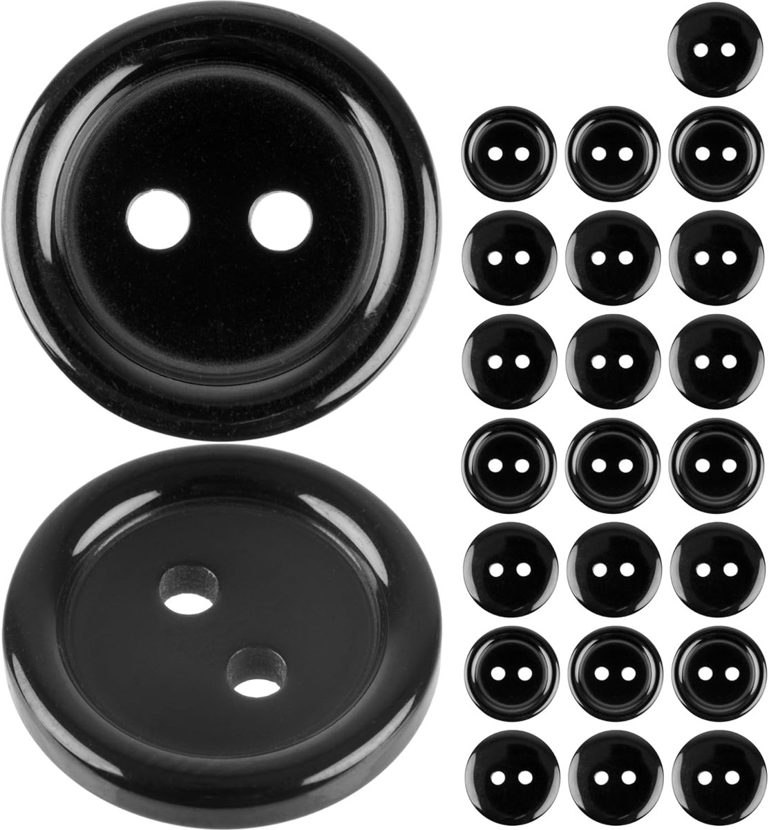Knopen voor kleding, 24 stuks, 2 gaten, Ø 17,8 mm, zwart, polyester, maat 28L, harsknopen voor jas, mantel, hemd, poloshirt, doe-het-zelf knoop kunsthars, wasknopen basisknopen, knutselknopen
