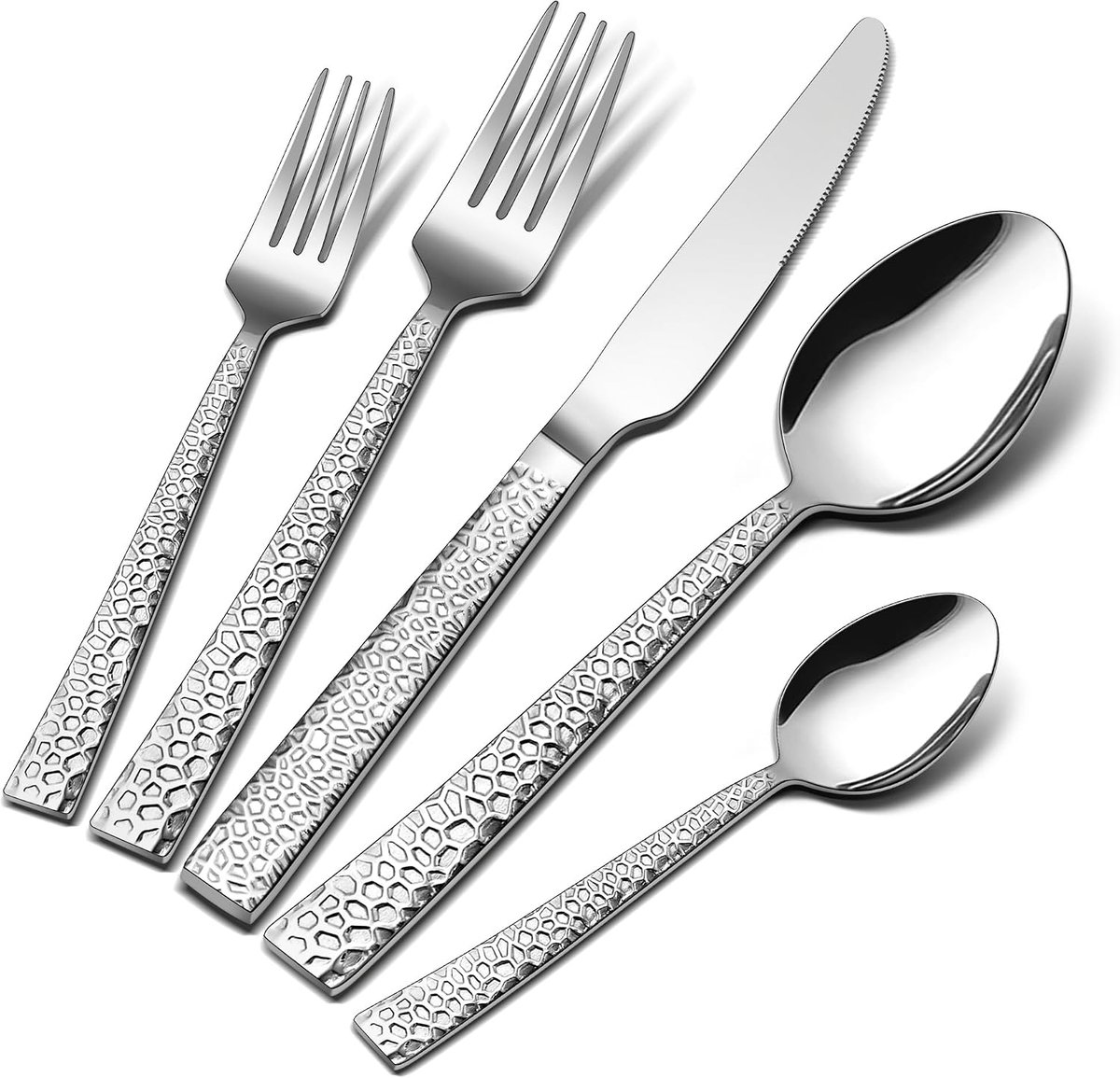 Bestekset, 30-delig, roestvrij staal, gepolijst, bestekset voor 6 personen, gehamerd eetbestek voor thuis, feest, restaurant, modern tafelbestek met mes, vork, lepel, niet giftig