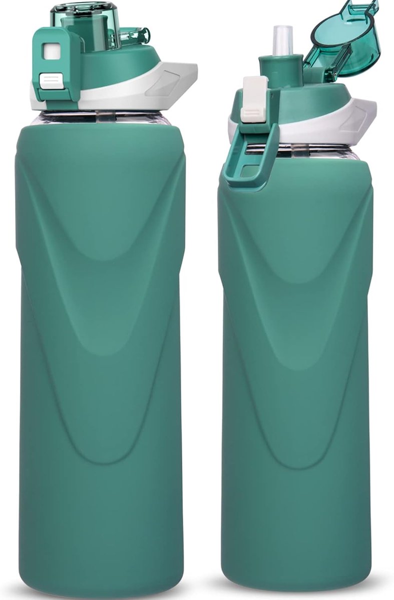 1 l sport drinkfles glazen fles met rietje 1 liter lekvrij bpa-vrij gym waterfles met siliconen hoes voor smoothie, fruit koolzuur geschikt (diepgroen)