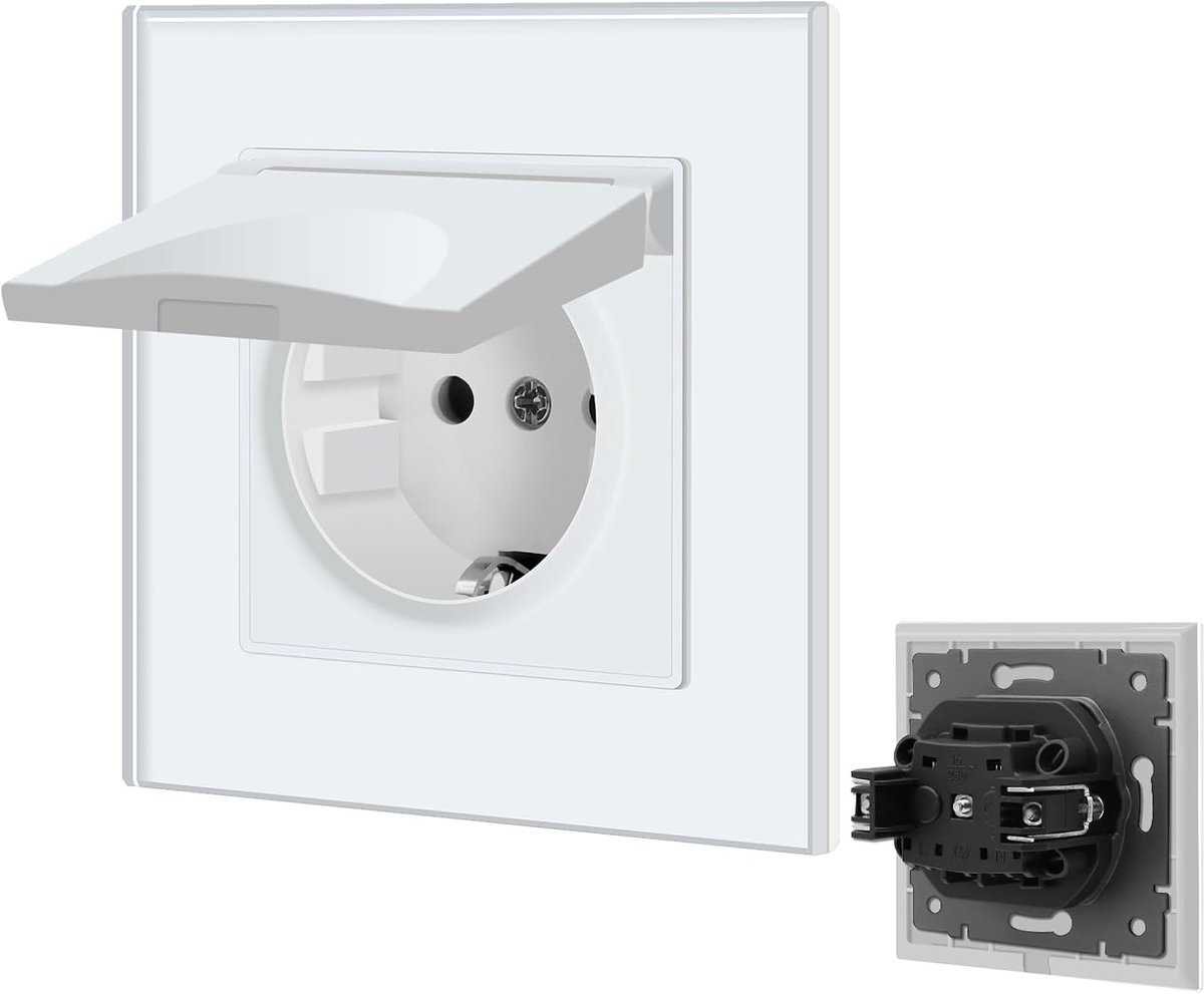 Stopcontact 1 Voudig met Waterdichte Afdekking, Schuko Steekklem, Kristal Glas Plaat, Enkel Inbouw 16Amp Wandstopcontact 86mm, Wit