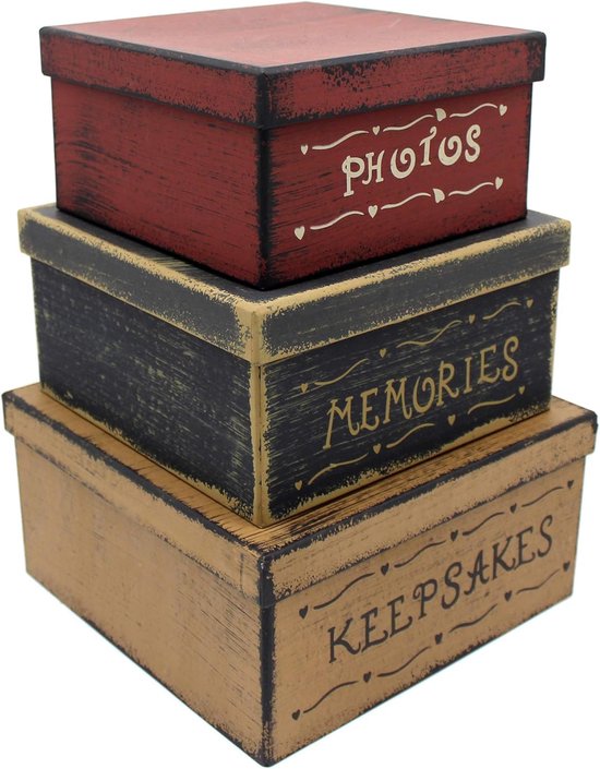 Primitieve vintage vierkante foto's, herinneringen, aandenken, kartonnen nestdozen, grote 9 x 9 x 4-1/2 inch. Set van 3. — afbeelding 4