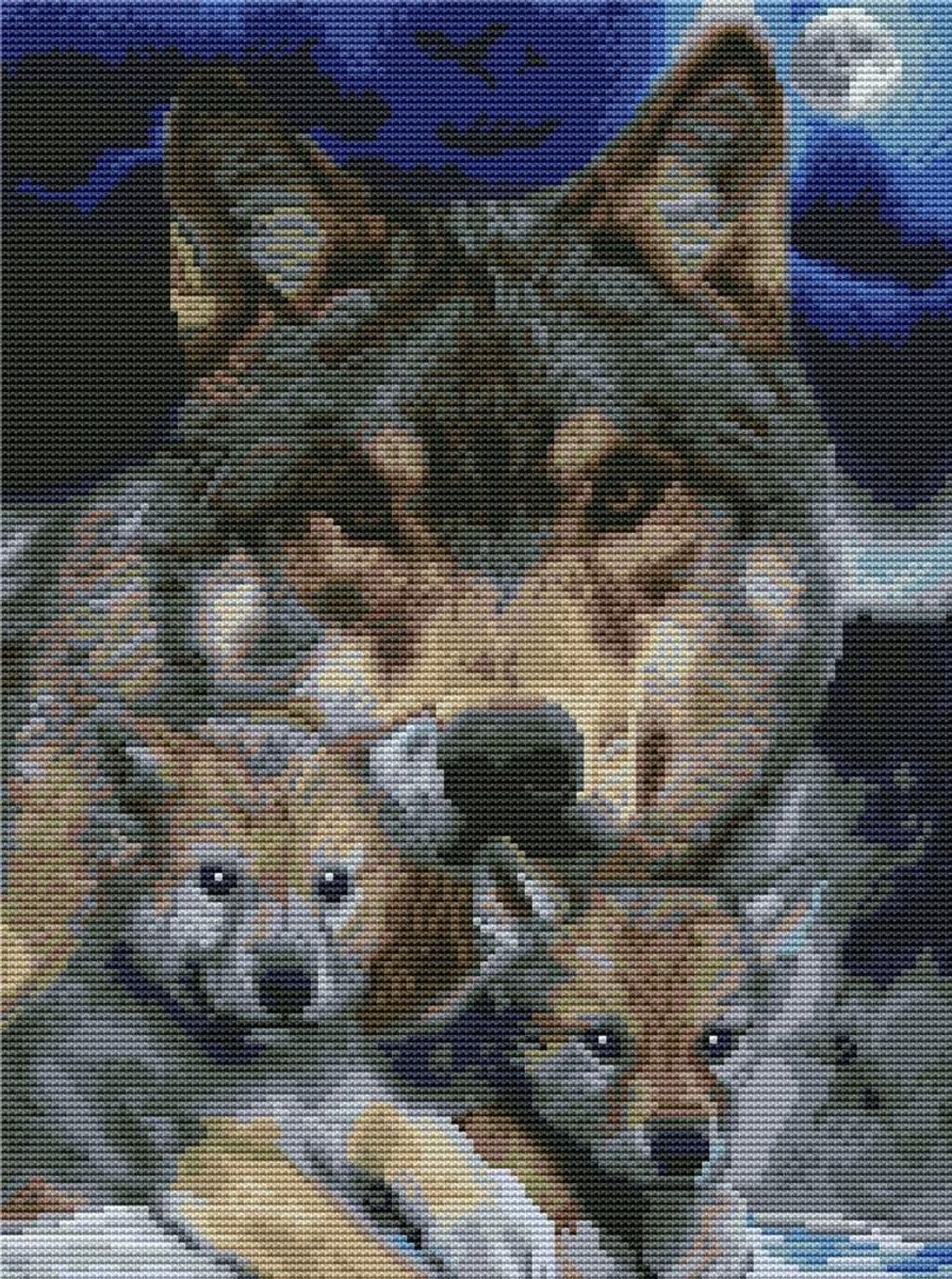 borduurset voor kruissteek, wolf en welp, gestempeld met bedrukt patroon (wolf)