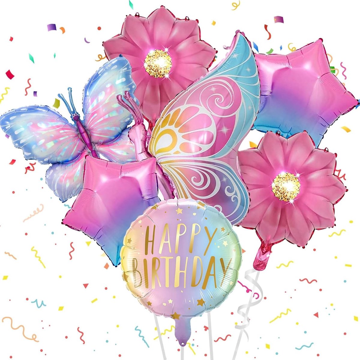Ballonnen decoratie set - 7-delige vlinder en bloemen - Folie en aluminium - Voor verjaardagen van meisjes - SnelShoppen