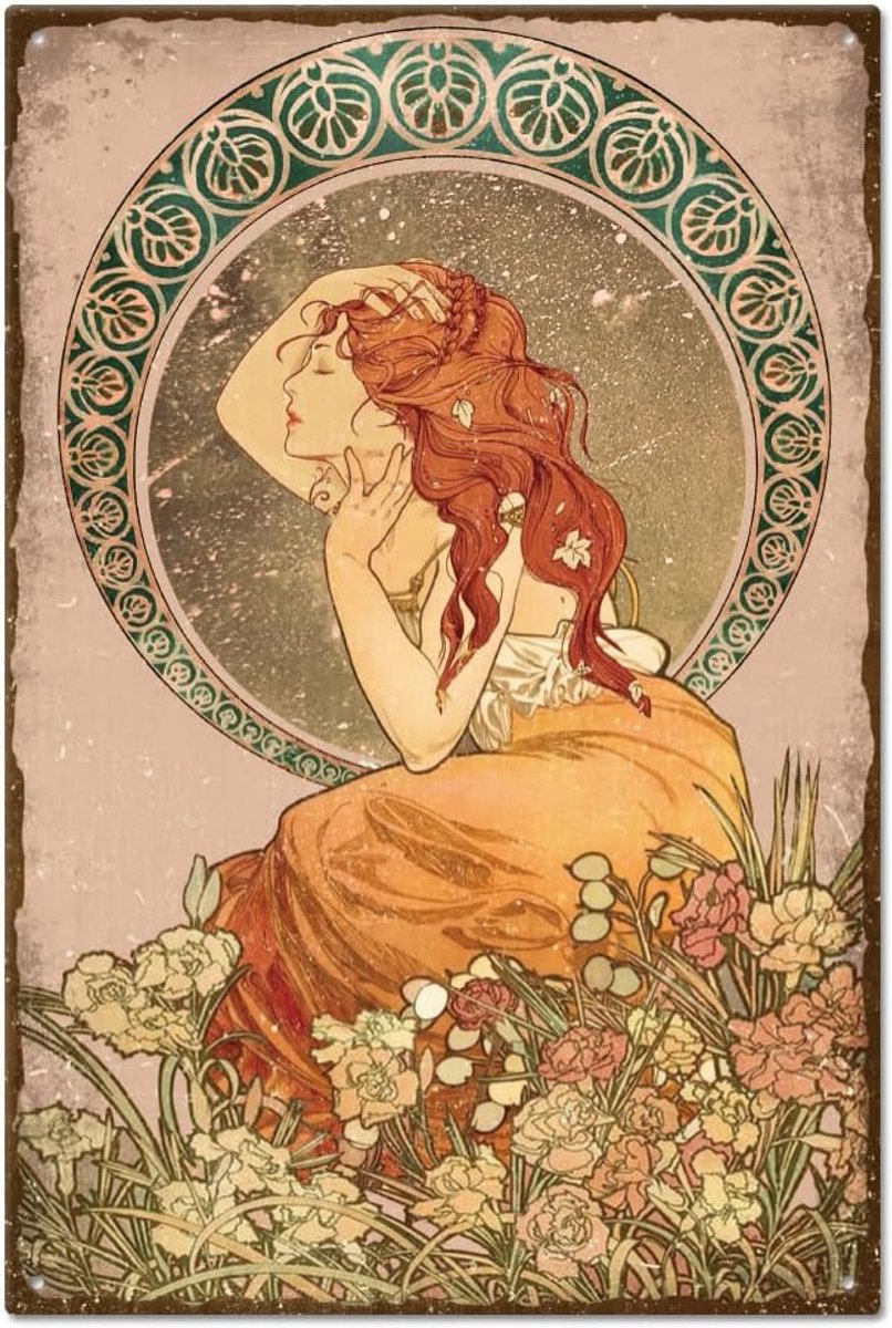 Vintage metalen Mucha tinnen bord - lang haar vrouw art nouveau schoonheid omgeven door bloemen - retro wanddecoratie voor restaurants, bars, pubs club - 30 x 20 cm