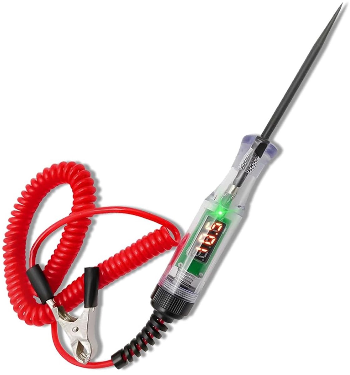 Spanningstester, autoschakeling, testpen, 5-120 V DC motorvoertuig, stroomptester, met krokodillenklem, veerdraad, spanningstester met digitaal lcd-indicatielampje, autotestlamp voor