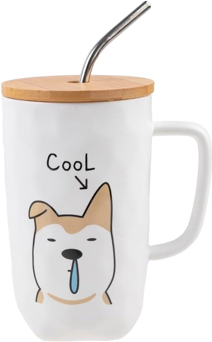 lachineuse Mug hondencollectie – de coole hond – met deksel, rietje en lepel – inhoud: