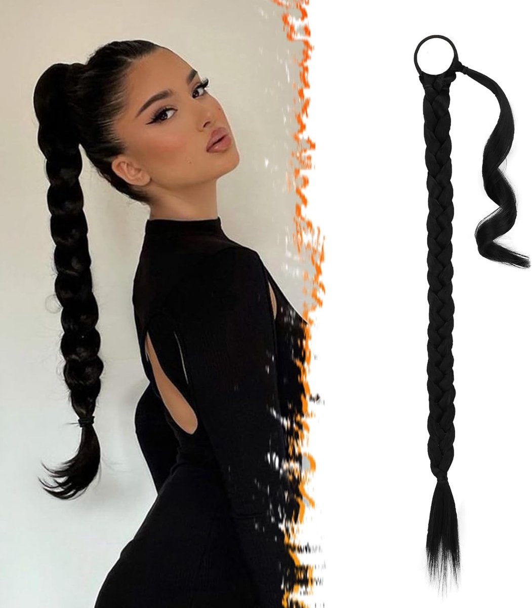 66cm Lange Gevlochten Paardenstaartverlenging met Haarband Rechte Wrap Around Hair Extensions Paardenstaart DIY Natuurlijk Zacht Synthetisch Haarstukje voor Vrouwen