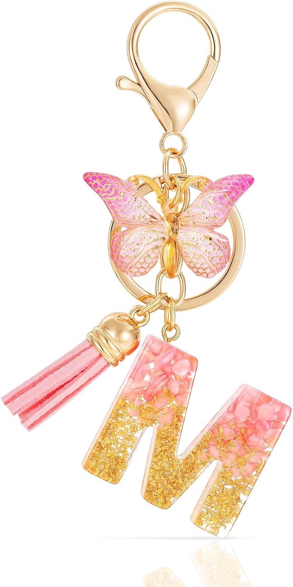 Leuke eerste letter M sleutelhanger roze sleutelhanger, alfabet goudfolie hars letter M sleutelhanger charme met vlinder kwastje hanger, mode sleutelhanger voor vrouwen portemonnee tas handtas
