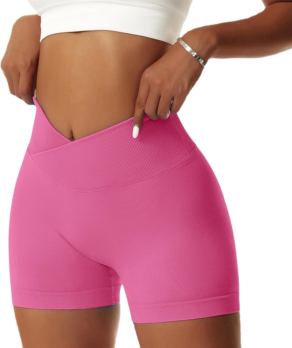 Shorts voor dames, V-hals, cross, stretch, push-up, yoga, shorts, booty, scrunch, fitnessbroek, kort, hoge taille, naadloos, work-out, sportshorts, butt lift, korte leggings, zomer