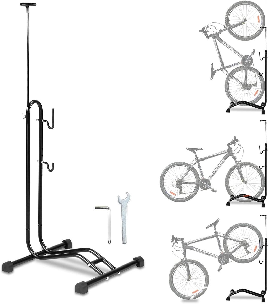 3-in-1 fietsstandaard, 20 tot 29 inch, fietsstandaard, horizontaal en verticaal ophangen, in hoogte verstelbaar, geschikt voor voorwiel of achterwiel, 42,5 x 43,5 x 117 cm