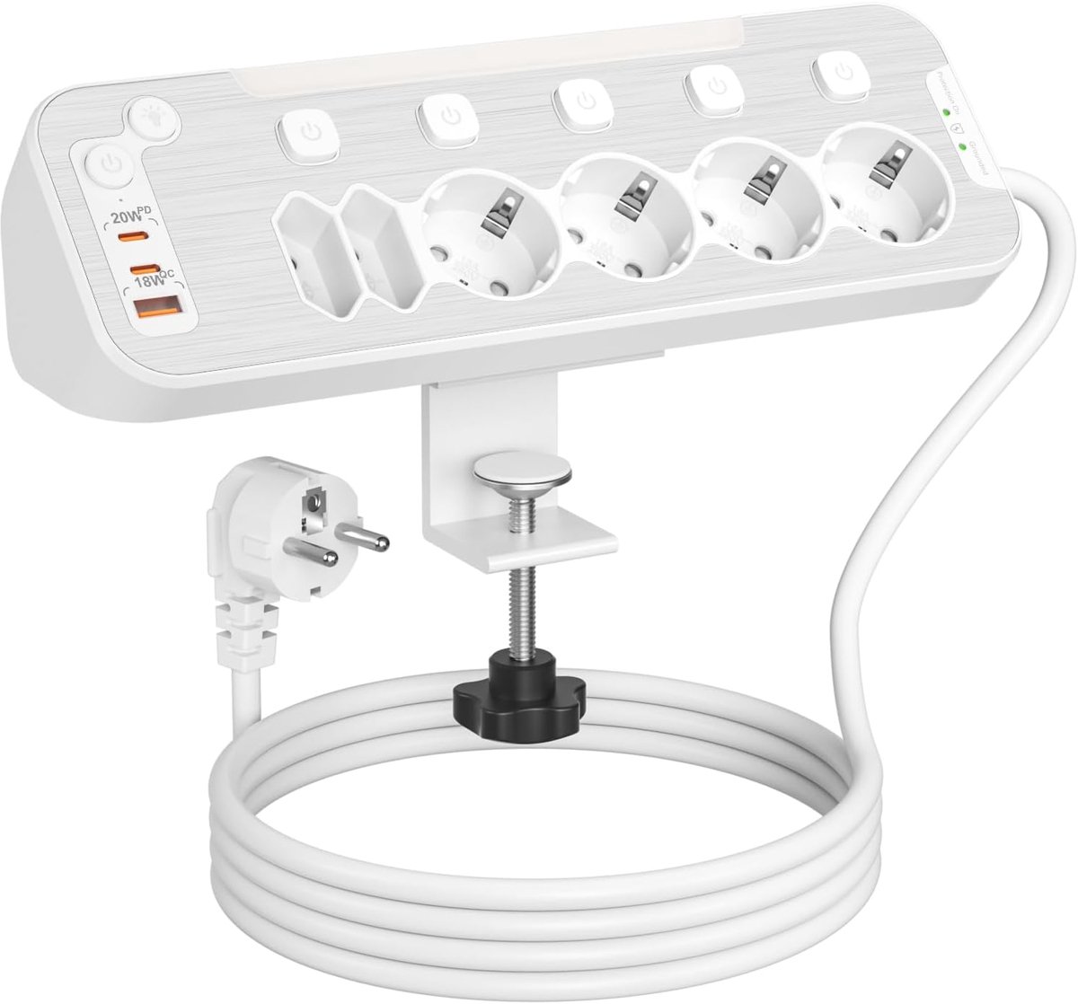 Tafelstopcontact met USB C, 6-voudig Bureau Stekkerdoos met Schakelaar | Tafelcontactdoos met Verwijderbare Vaste Tafelstandaard, Stekkerblok Overspanningsbeveiliging, Stopcontact Splitter, 2m, Wit