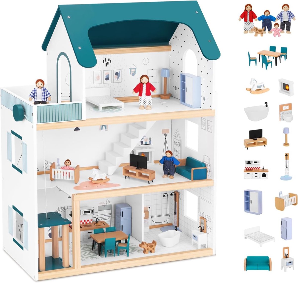 Houten Poppenhuis met Opklapbare Lift, Groot Poppenhuis voor Meisjes vanaf 3 Jaar, Poppenhuis voor Meisjes, Inclusief 21 Stuks Meubilair, 4 Familiepoppen en een Hond
