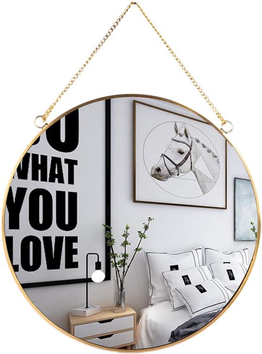 SnelShoppen - Hangende Wand Spiegel Rond Goud Geometrisch Decor met Ketting voor Badkamer Slaapkamer Woonkamer 15,6 inch