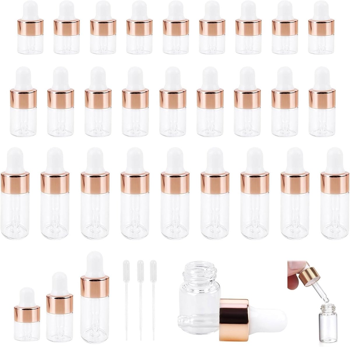 30 stuks, 10 x ml + 10 x 3 + 10 x 5, transparante glazen fles met druppelpipet, druppelfles, glazen fles voor etherische olie, aromatherapie, massage