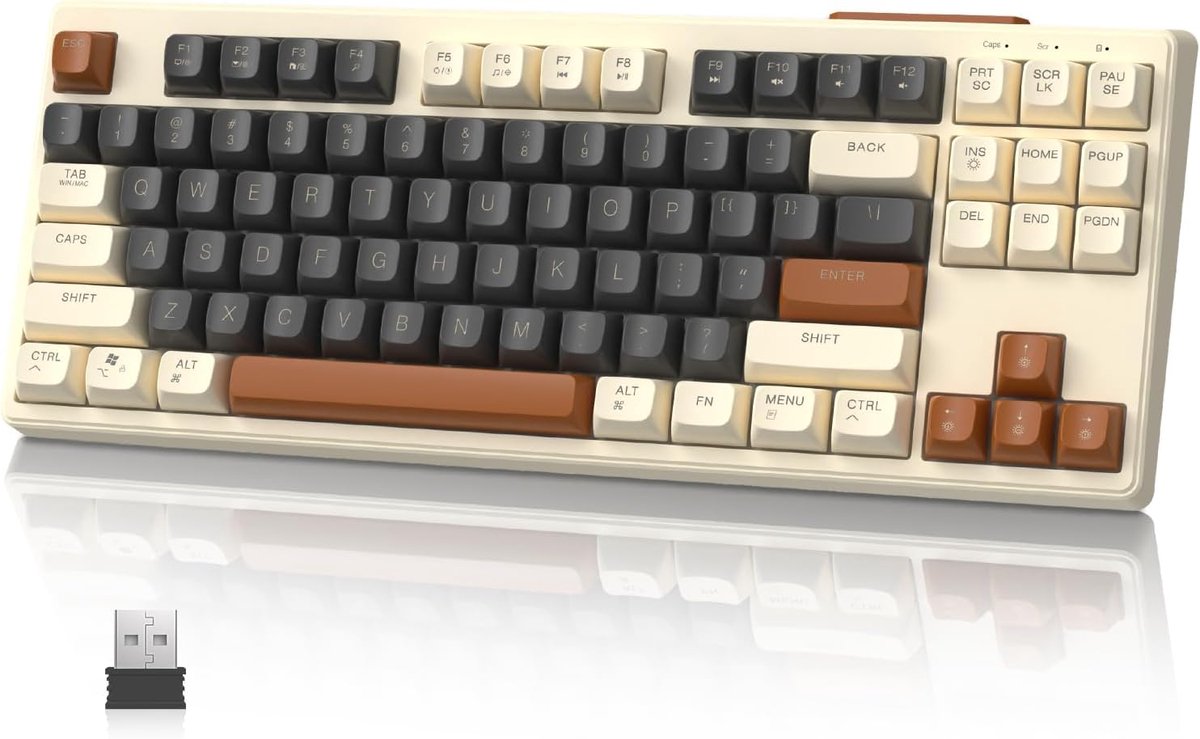 TKL- Draadloos gamingtoetsenbord met dubbele modus, Bluetooth / 2,4 Ghz, PBT keycap, 4000 mAh oplaadbare batterij, gemengd kleuren-regenboogverlicht toetsenbord met mechanisch gevoel-Koffie