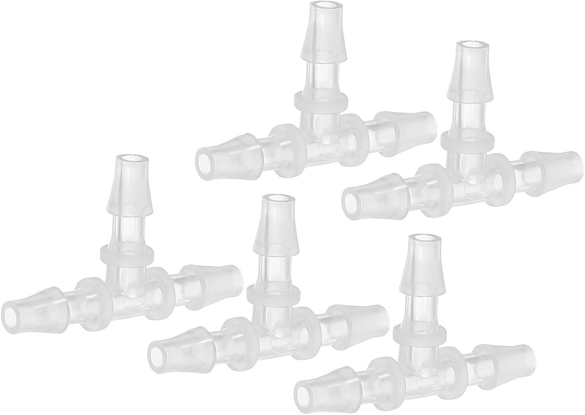 3/16 "Plastic T-stuk slangkoppeling, 5 stuks gelijke T-vormige 3-weg gezamenlijke splitser mender adapter unie kruising prikkeldraad split voor lucht water brandstof gas vloeibare pijp,