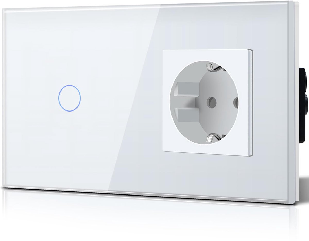 Touch Schakelaar, Inbouw Schakelaar, Wandschakelaar met Led-Indicator en Glazen Paneel, Touch Wall Light Switch, Eenvoudige bedrading, 1 Schakelaar 1 Controle met Stopcontact, 157MM, Wit