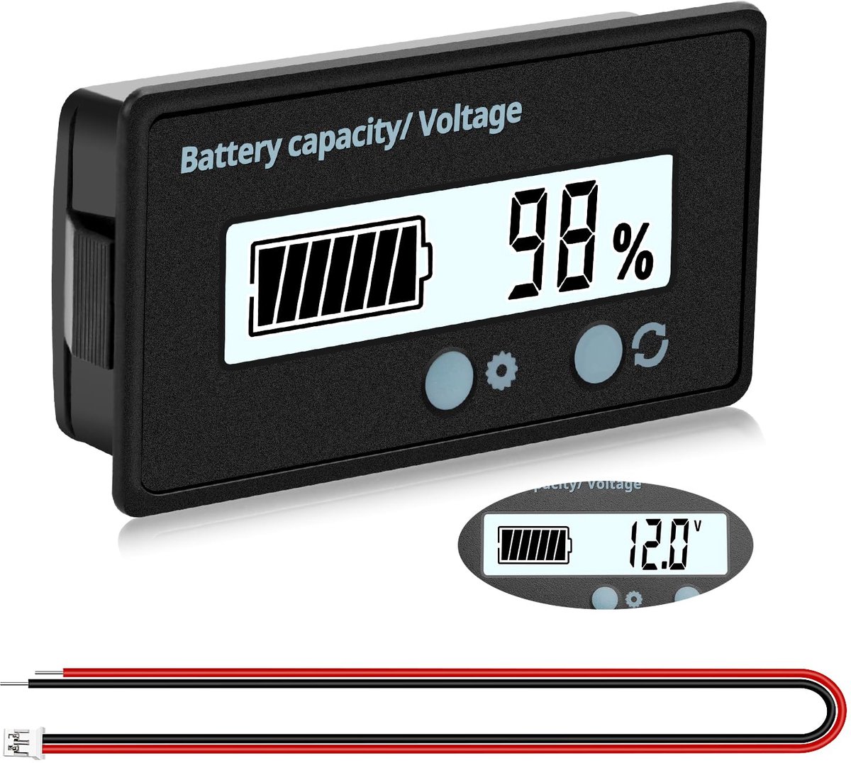Batterijcapaciteit Voltmeter Metermonitor, Universele Batterijtester Spanningstester met LCD Scherm, LCD-Scherm DC 12V 24V 36V 48V 60V 72V Batterijmeter (Wit Licht)
