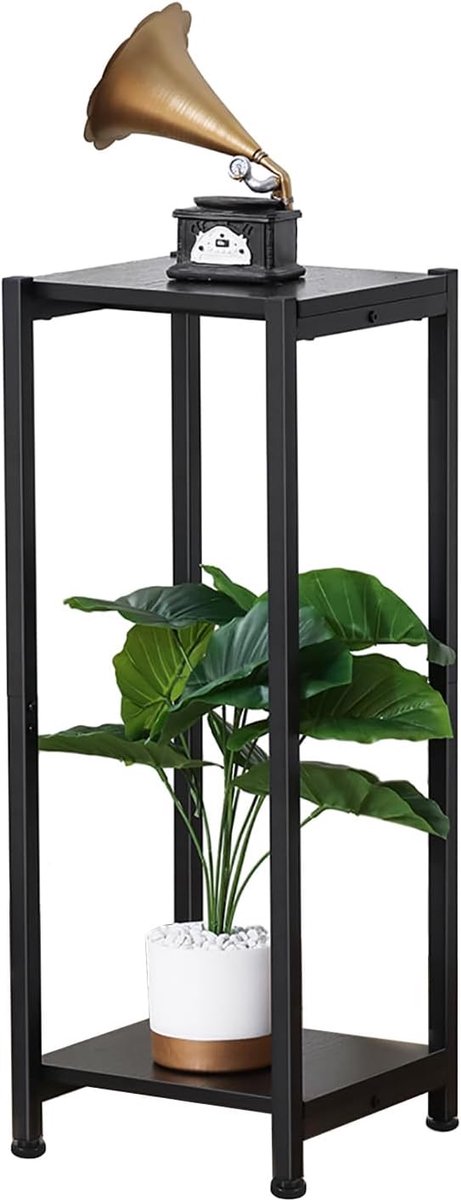 Hoge plantenstandaard voor binnen, 31 inch plantenstandaards, 2-laags metalen plantenstandaard met zwaar hout, zwart
