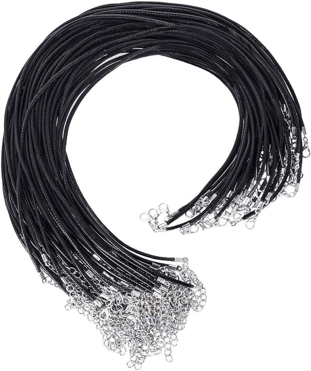 wastouw, 40 stuks gewaxt katoenen koord, zwarte halsketting koord, zwarte leren band, ketting met sluiting voor doe-het-zelf sieraden, halsketting, leer, knutselen, sieraden maken (2 mm)