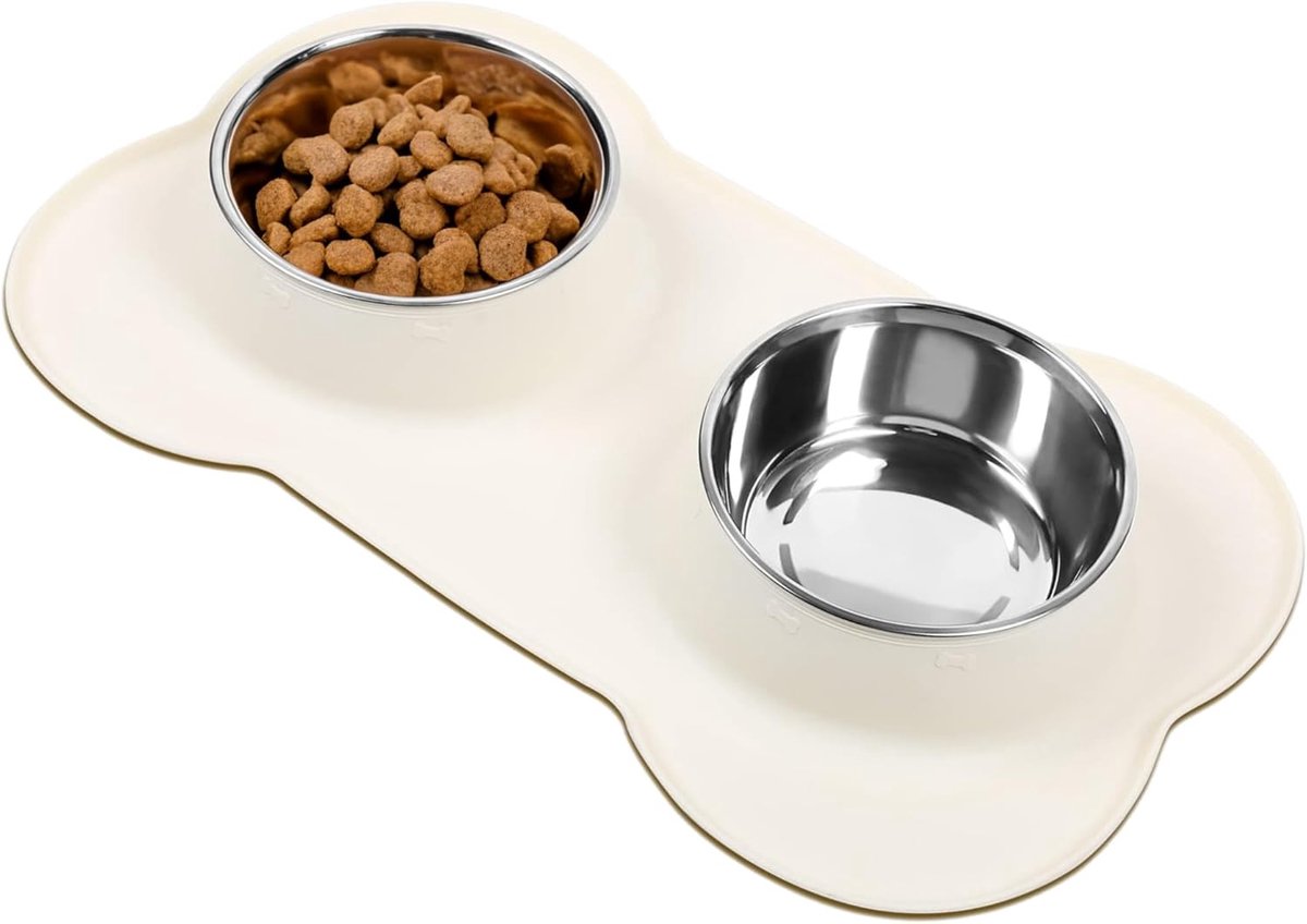 Voerbakken - Drinkbak - Voerbakjes Kat - Kattenvoerbakjes - RVS - Voedselveilig Siliconen - (Ivoor, Maat L)