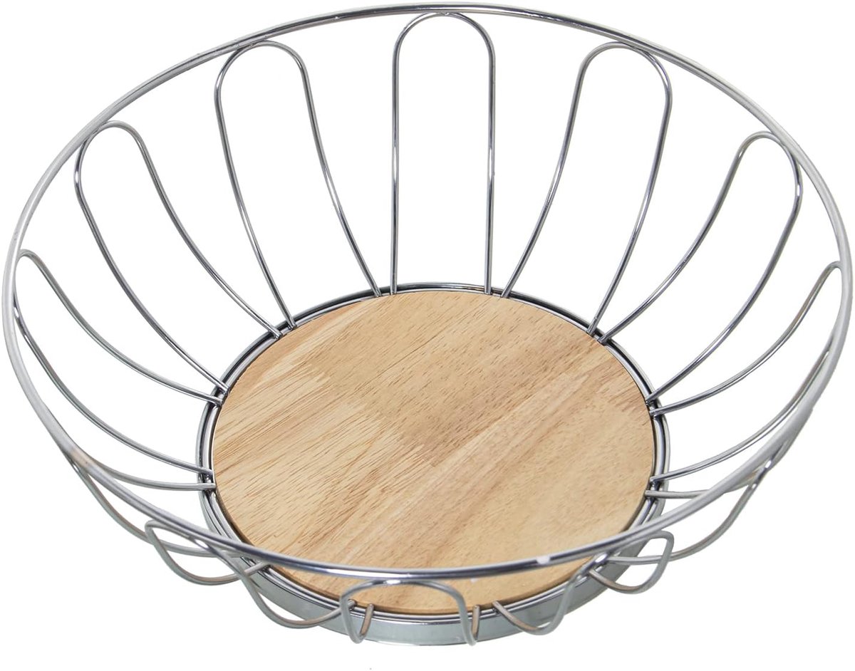 Ronde fruitschaal van metaal met houten bodem van chroom en natuur, 28 x 10 cm, basis 16,5 cm