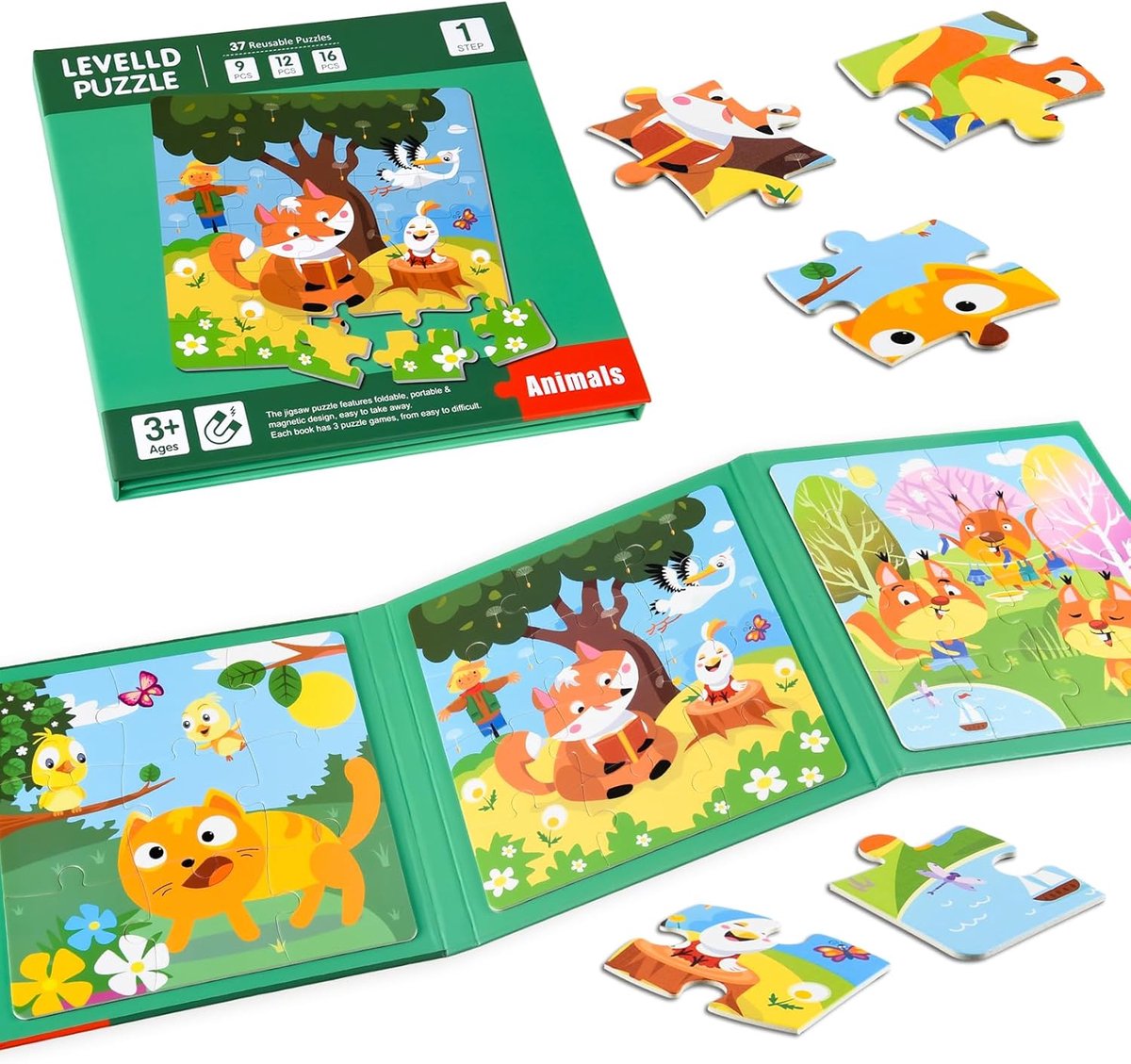 Puzzels voor kinderen - 9-12-16 stukjes dierenwereld - Magnetische puzzel - Ideaal voor onderweg - SnelShoppen