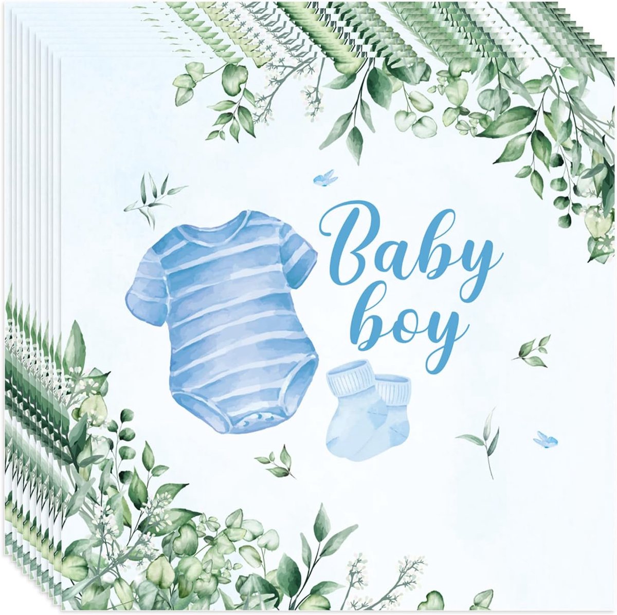 Papieren servetten 20 stuks - blauw met babyrompertje - groen bladpatroon - ideaal voor babyfeestjes - SnelShoppen