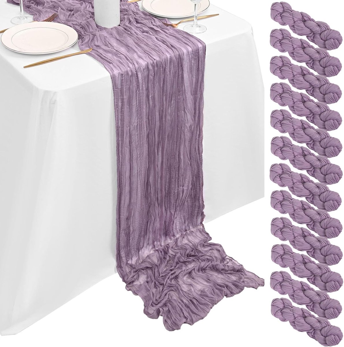 12-pack paarse kaasdoek tafelloper 3,05 m, paarse kaasdoek tafelloper rustieke gaasdoek, doorschijnende bohemische huwelijkstafeldecoratie voor huwelijksreceptie, bruidsdouche, babydouche (90x300cm)