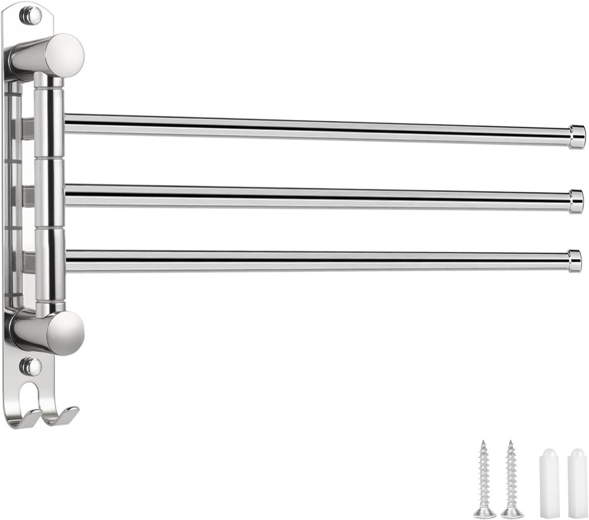 Handdoekhouder voor badkamer met 3 stangen handdoekhouder voor wandmontage keukendoek handdoekhouder handdoekhouder 180° draaibaar van roestvrij staal 304, badkameraccessoires, zilver
