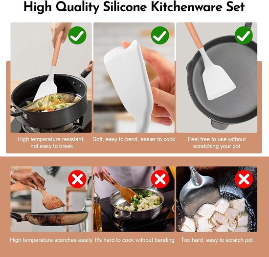 set van 23 stuks, siliconen keukengerei met standaard, handvat van natuurlijk hout, tang, spatel, lepelset, anti-aanbaklaag en hittebestendig (crèmewit) — afbeelding 4