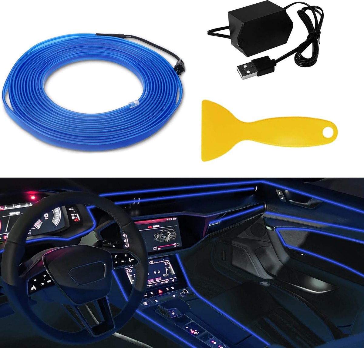 Auto Binnenverlichting 5M (16FT) EL-draad Geschikt met 6mm Sikant Auto Ambiant Atmosferische verlichting USB EL-draad Geschikt (Bleu)