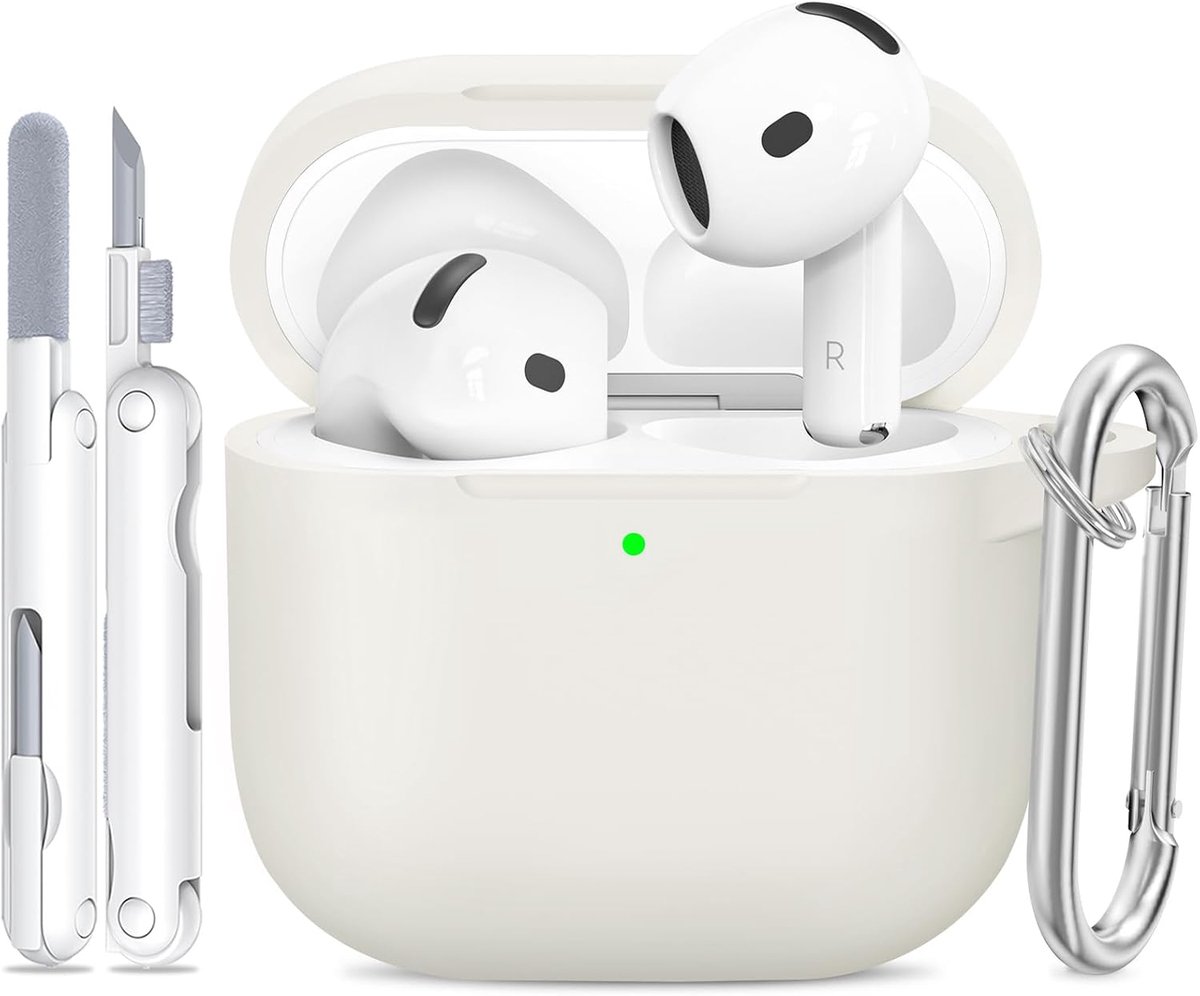Siliconen voor AirPods 4 Hoes, A9-Pearl White | Zacht, licht, antislip, krasbestendig, bedraad/draadloos laden. Reinigingspen + sleutelhanger.