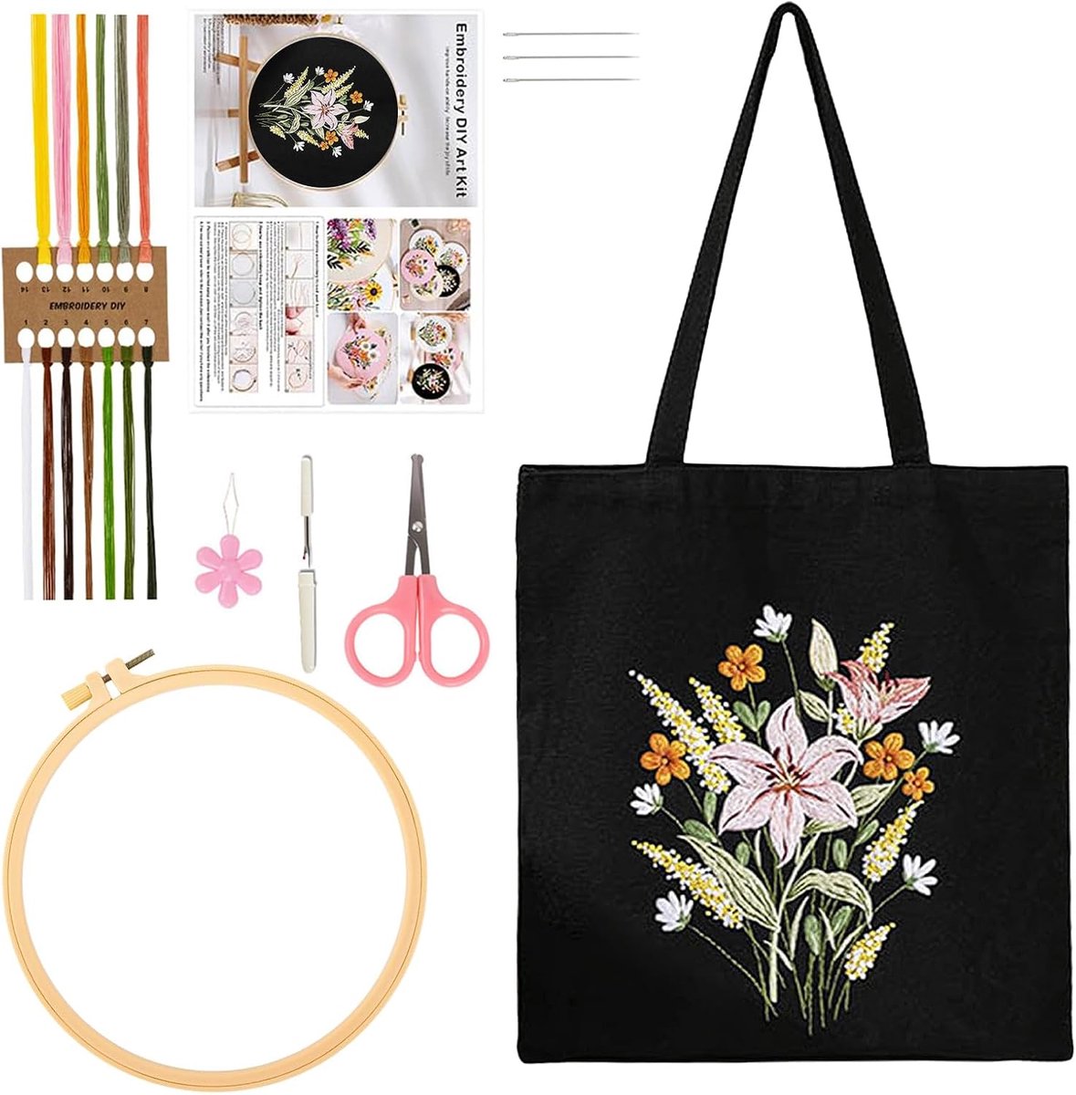 Borduurset voor volwassenen, met bloemmotief canvas tas borduurset, DIY canvas tas borduurset handgemaakte tassen, borduurset met borduurraam en instructies, voor beginnende hobbyisten, zwart