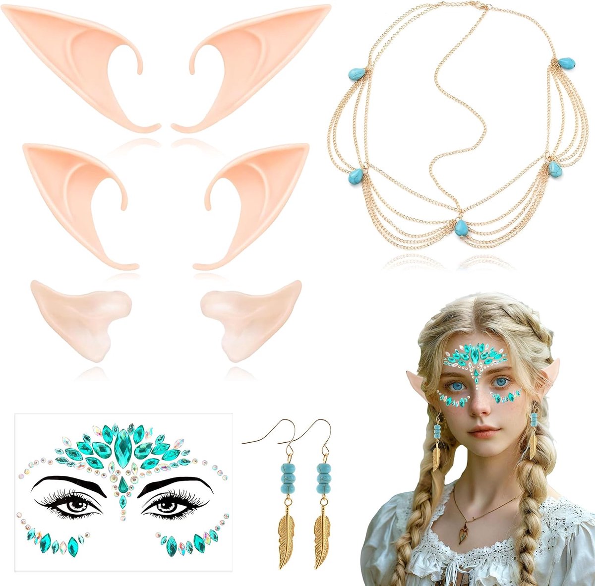 Set, 3 Paar Elf Oren met Elfen Hoofdtooi, Pointed Elf Ear Fairy Oren mit Ohrringe und Gesichtsaufkleber voor Carnaval Maskerade Halloween Feest