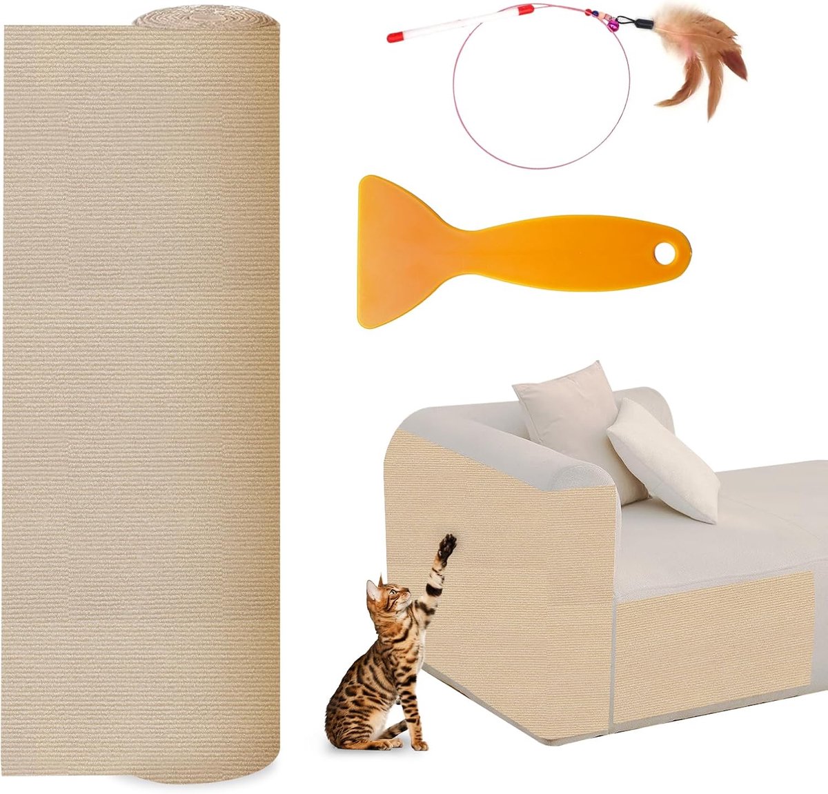Krabmat voor katten, zelfklevend, 40 x 200 cm, doe-het-zelf op maat te snijden | Krasbescherming voor bank, kat, bankbescherming, krabmat kat voor meubelbescherming, doe-het-zelf klauwen, kattentapijt, kaki