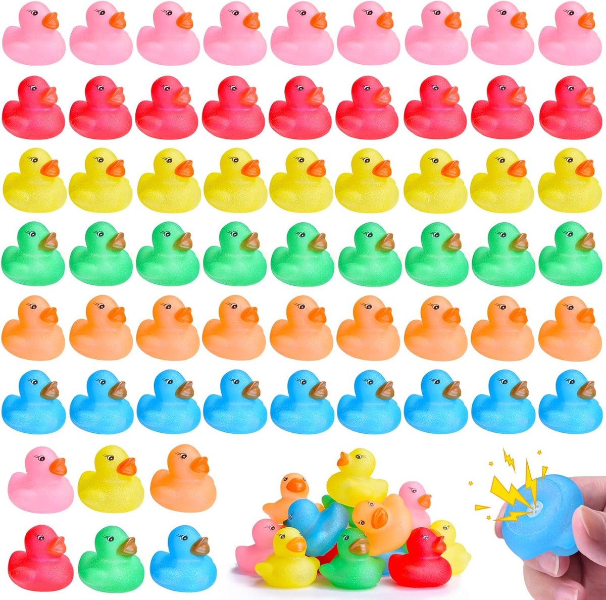 60 stuks glitter-eendset, mini-piepende eend met kleurflash, kleurrijke rubberen eend, kinderbadspeelgoed voor badkuip, verjaardag en feest
