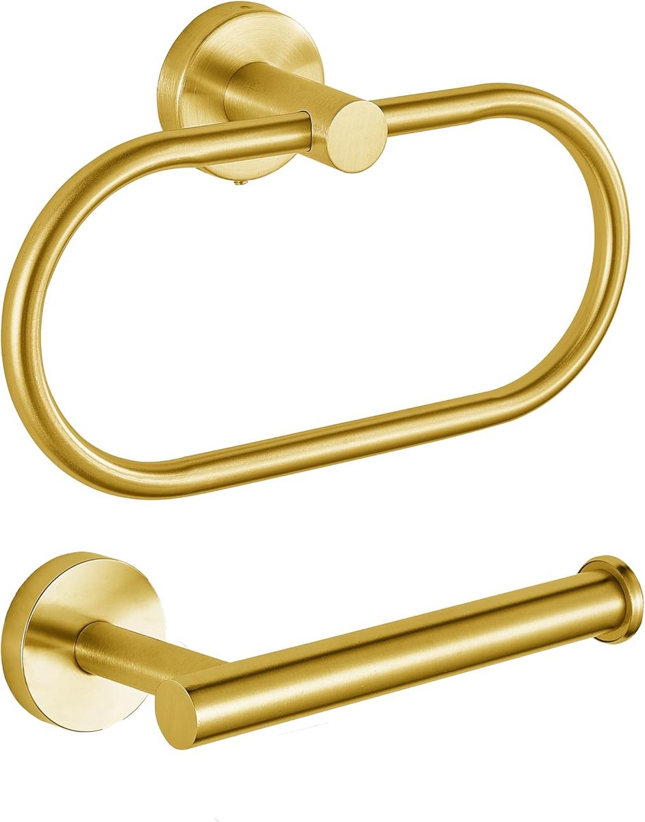 toiletpapierhouder/handdoekring, Eolax geperforeerde gouden badkameraccessoires, geperforeerde rolhouder en handdoekhouder van roestvrij staal, wandmontage, 2 stuks