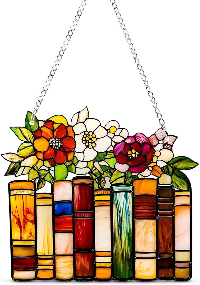 Hangende raamdecoratie, retro glasstijl, acryl boeken, beschilderde zonnevanger, bloemenboeken, raamdecoratie, cadeau voor vrouwen, kinderen, leraren, ideaal voor ramen, boekhandel