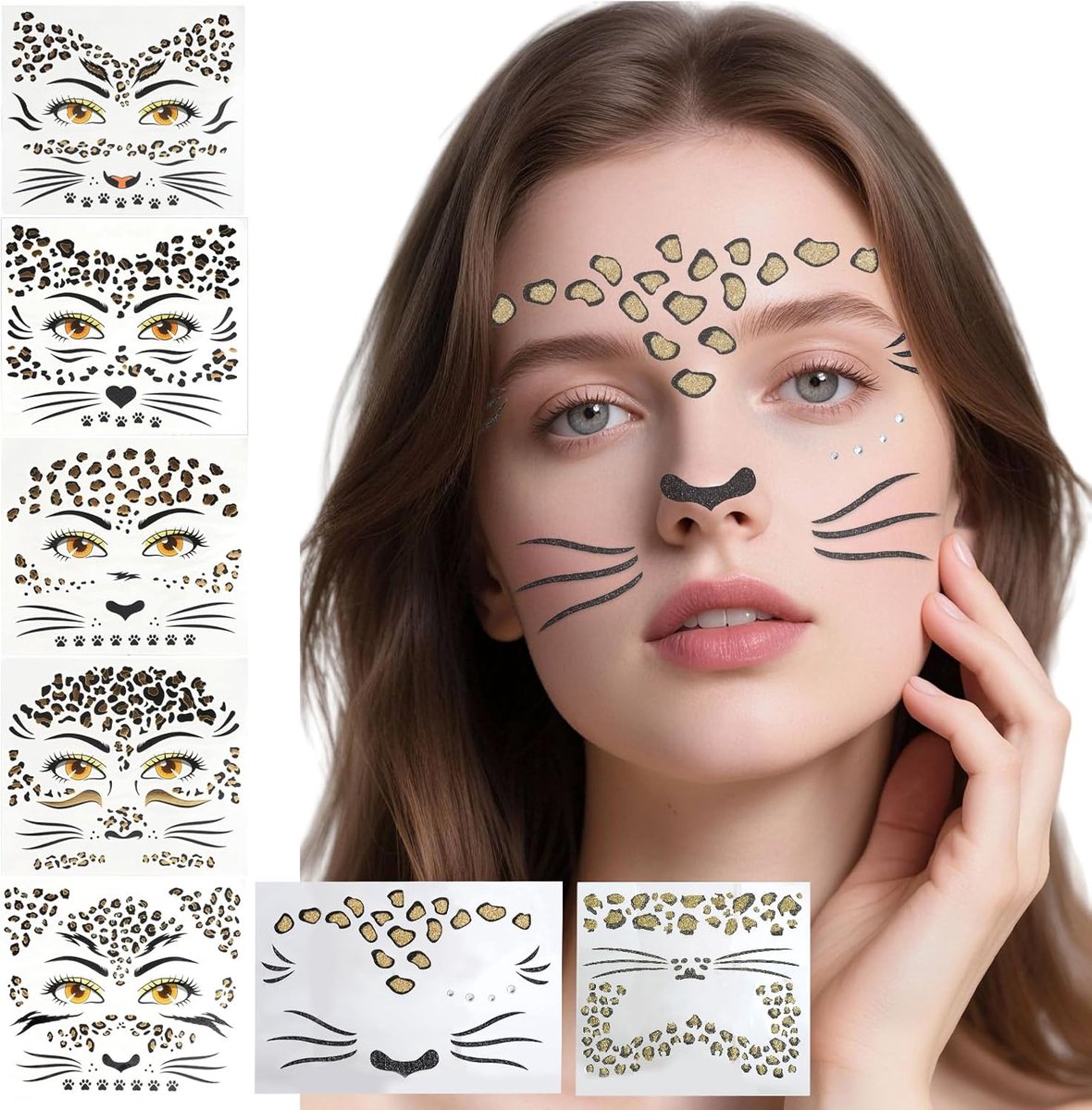 Face Art Stickers 7 designs, gezichtstattoo met glitteraccenten, waterdicht en zweetbestendig, voor carnaval, festival, Halloween en feest