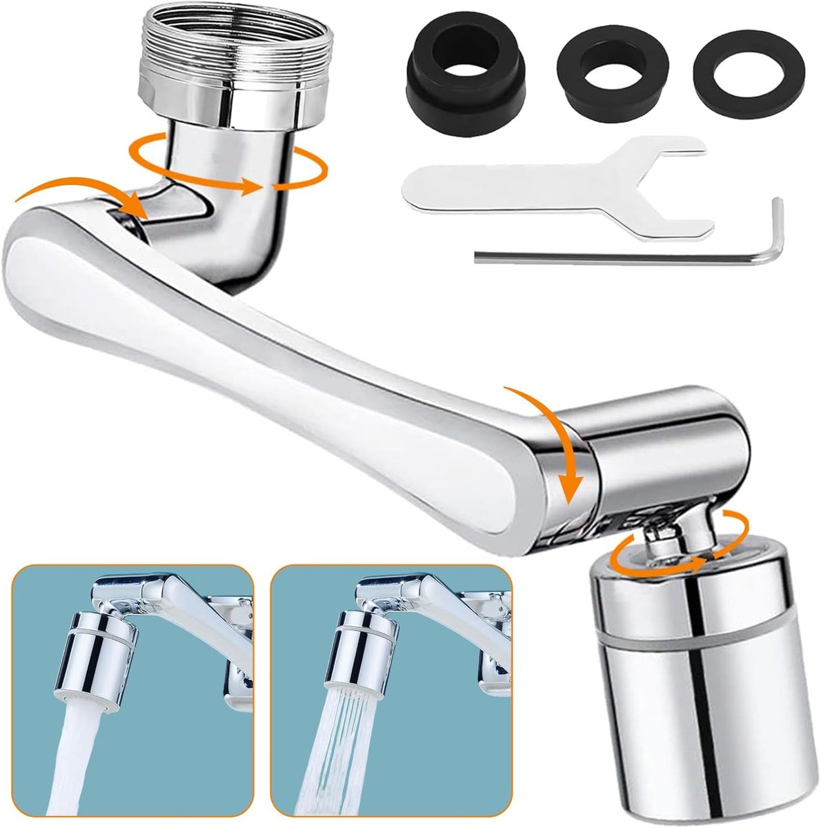 1440 ° draaibare kraanverlenger, 2 sproeidoestanden filter gootsteenkraan, spatwaterdichte draaibare kraanadapter, robotarm verlengkraan, universele waterkraanbevestiging voor badkamer (zilver)