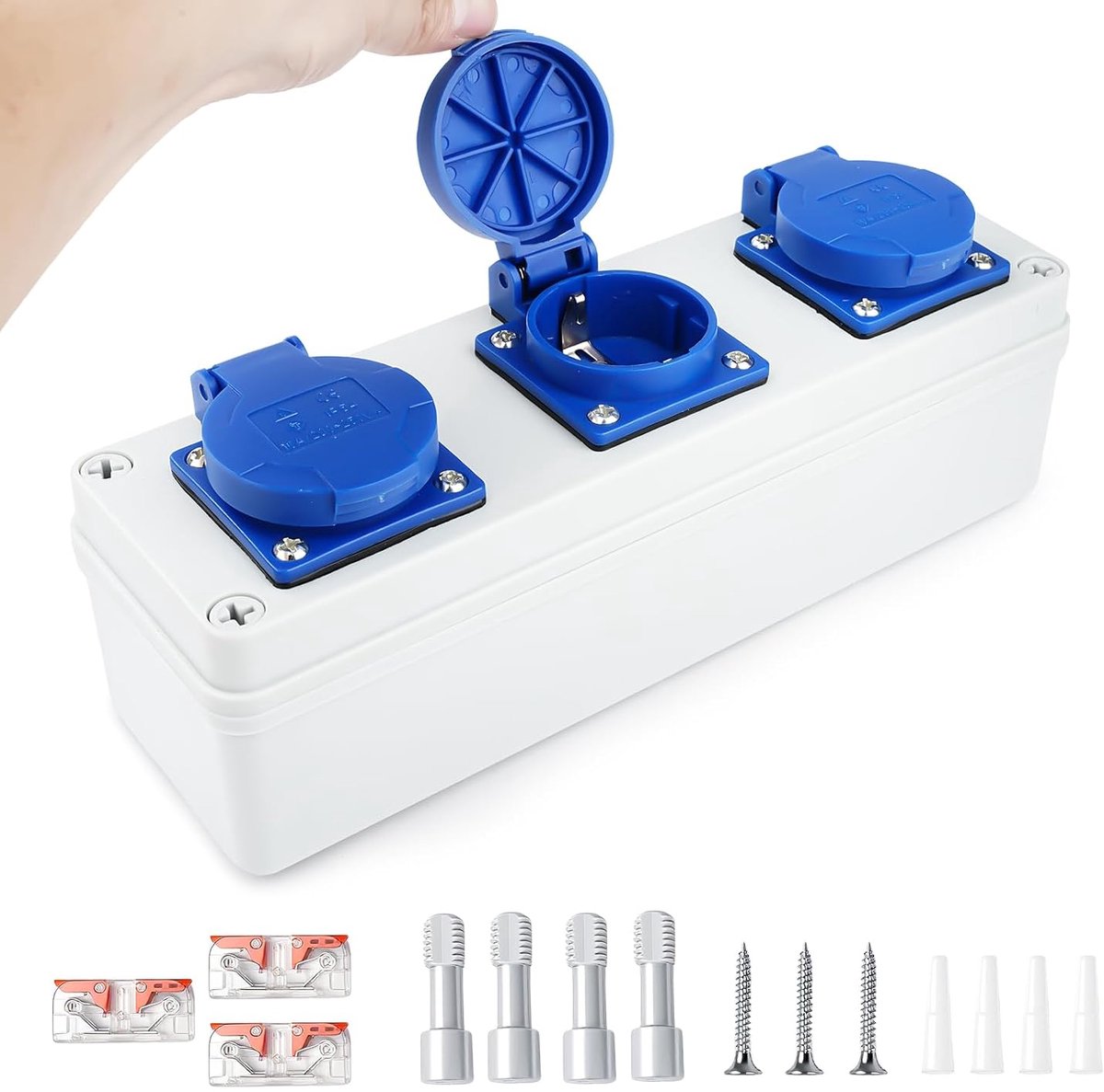 Stopcontactverdeler, wandverdeler, stroomverdeler, bouwstroomverdeler, 16 A, 3 x 220 V, Schuko sterke stroom, stopcontact, stroomverdeler, buiten, waterdicht, IP54, geschikt voor binnen en buiten