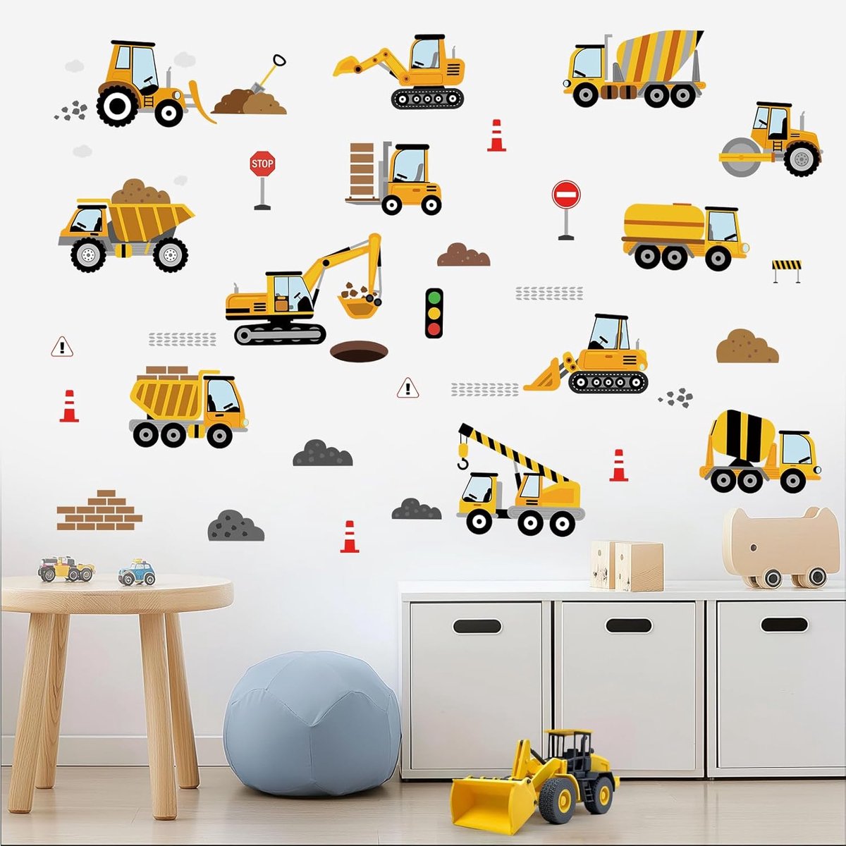 Muurstickers Bouwvoertuigen, Muurstickers Vrachtwagens Tractor Graafmachine Kraan, Decoratie Slaapkamer Woonkamer Speelkamer Kinderen Jongens