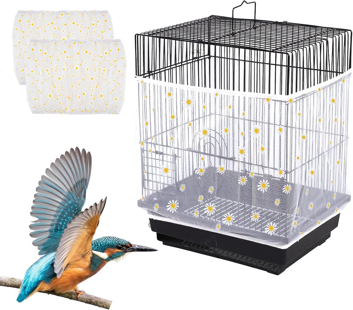 Vogelkooinet, vogelkooi, accessoires, 2 stuks, grote afdekking, ronde, vierkante kooi met verstelbare schortenbescherming voor vogelkooien met een omtrek van 155-221 cm
