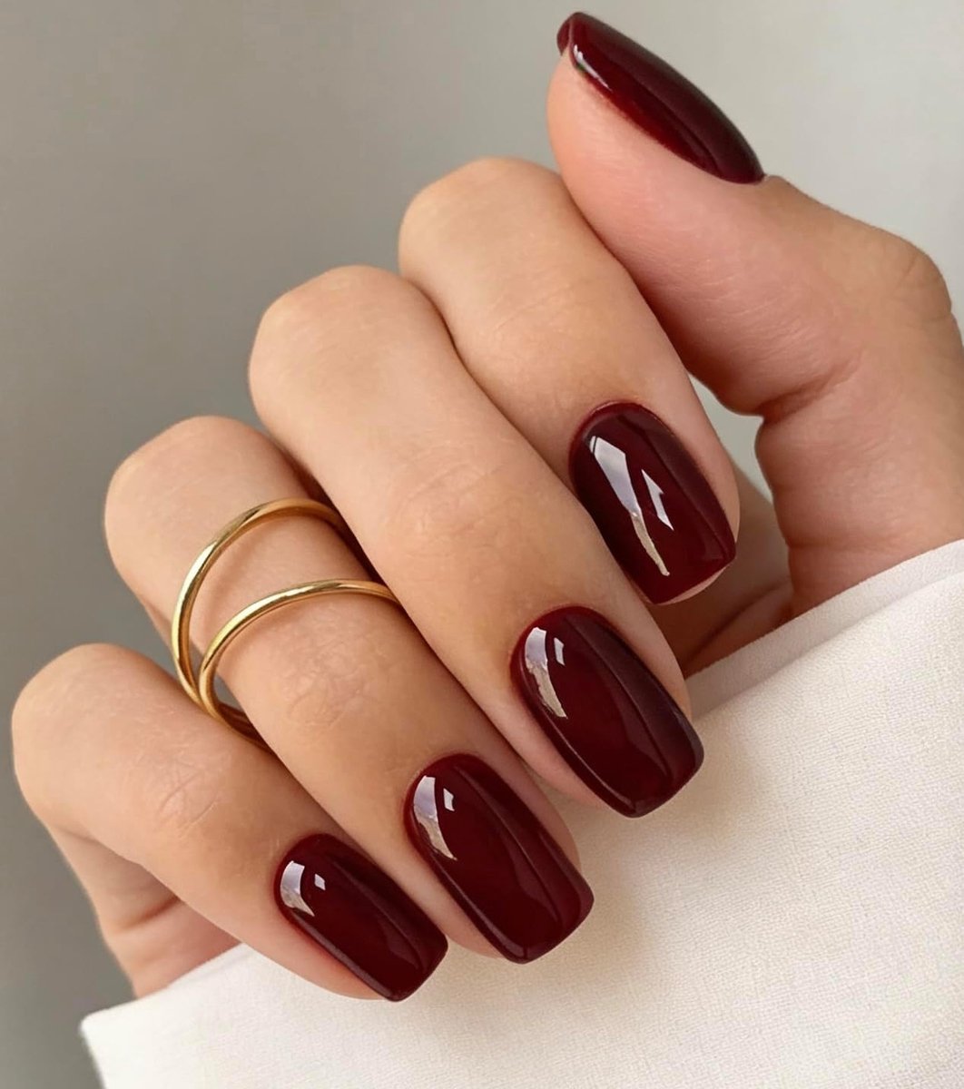 kunstnagels, vierkant, donkerrood, bordeaux, effen, glanzende press-on nagels met lijm, Basic Solid Dark Red Fake Nails