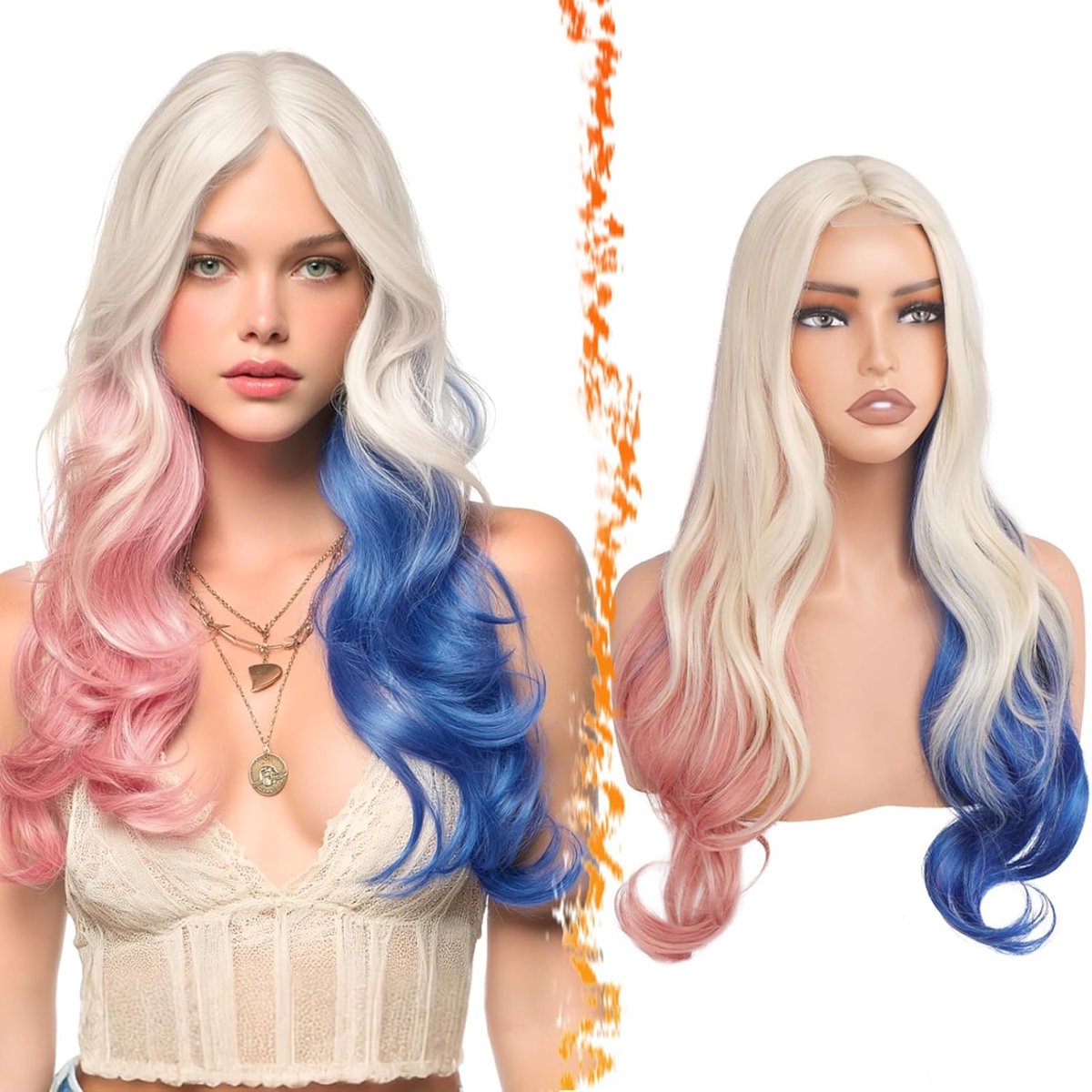 Pruiken, Kostuum Pruik Synthetisch Lange Golvende Midden Afscheid Roze Blauw Pruik voor Vrouwen 71cm Natuurlijke Look Cosplay Feest Halloween Kostuum Pruiken