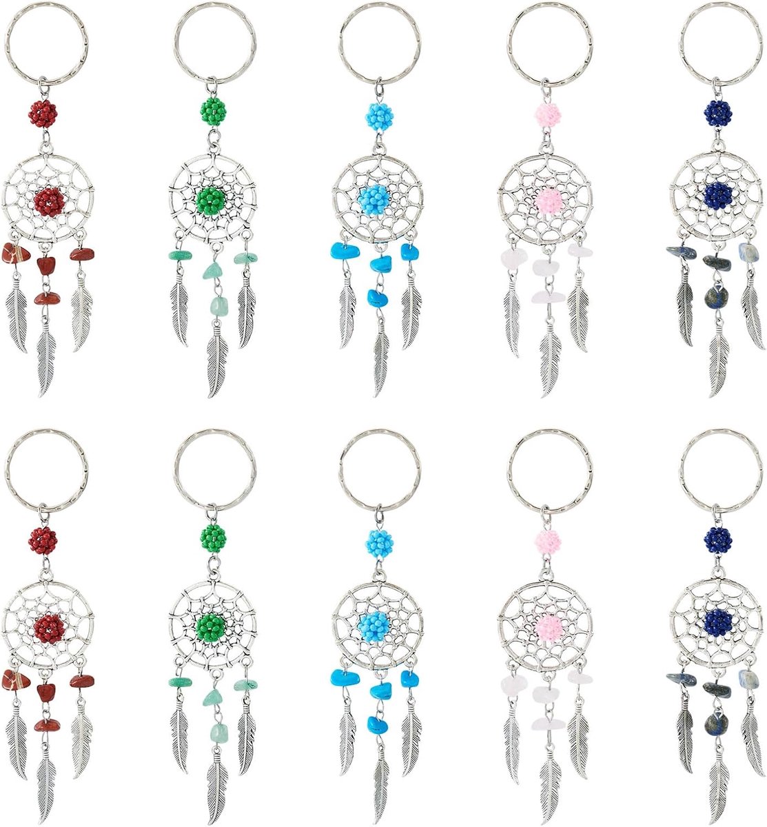 10 stuks dromenvanger sleutelhanger veer geweven web sleutelhangers Boheemse sleutelhanger steen sleutelhanger met ijzeren sluitingen voor portemonnee handtas sleutelhanger decoratie, 122 mm