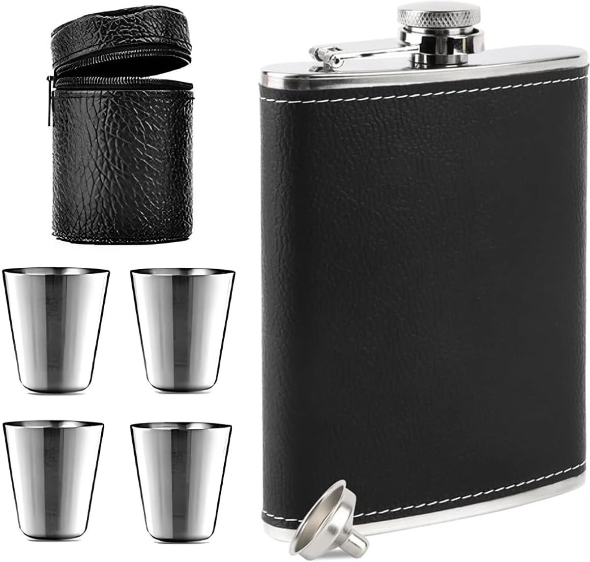 220 ml roestvrijstalen heupfles met trechter en 4 kleine kopjes, geschikt voor het dragen van alcohol, zak-heupfles voor wandelen en feestjes (zwart)