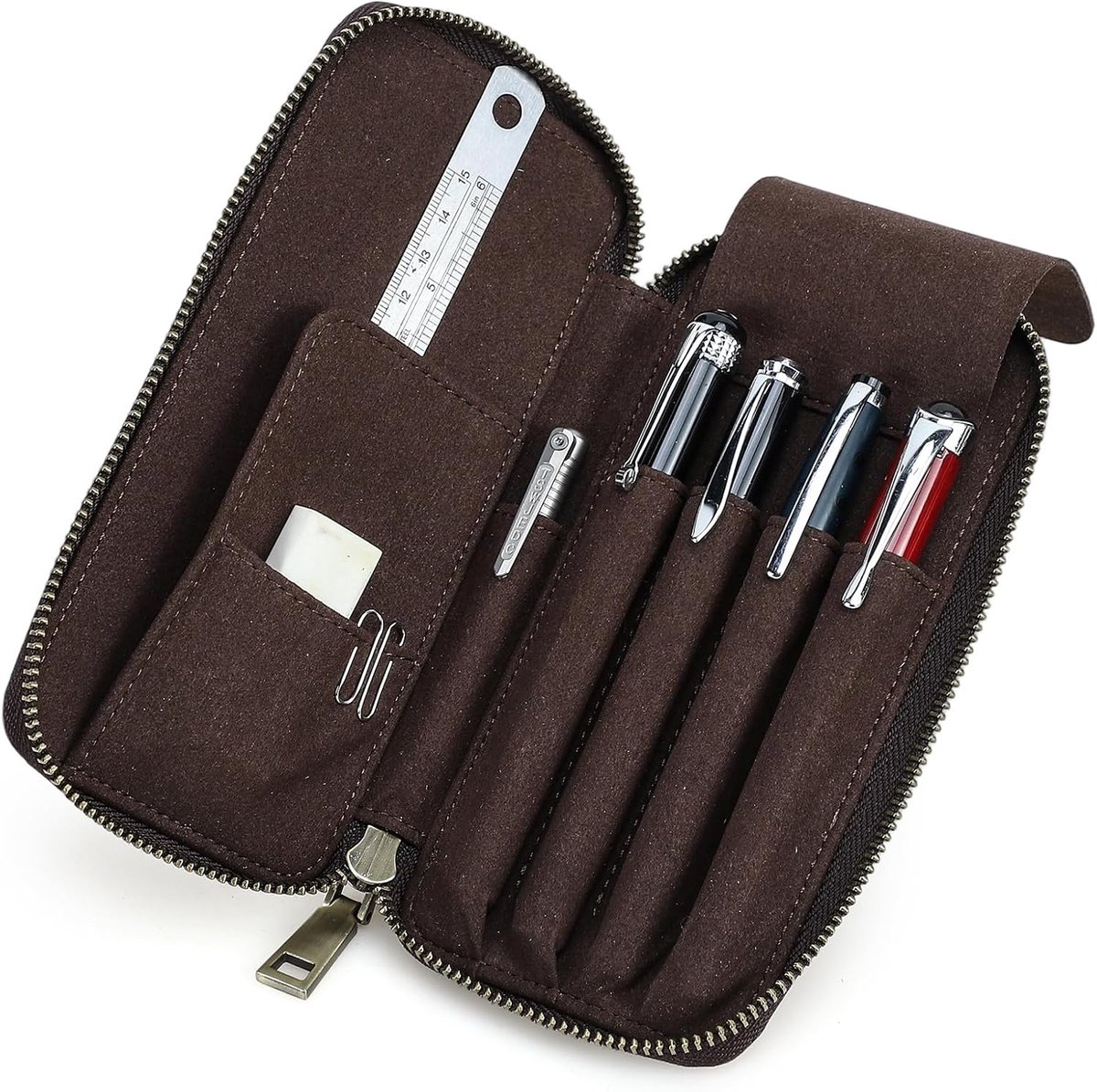 Echt lederen handgemaakte etui vintage pennenhouder beschermhoes voor reizen stijlvolle bureauaccessoires pennenetui organizer box, marrón, 19 cm x 9.5 cm x 2.5 cm, pennenetui