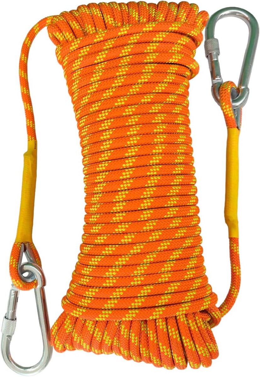 40m Statisch Touw 8mm Outdoor Bergbeklimmen Touw met 2 Stalen Haken Heavy Duty Voor Reddingsboten Parachutes Wandelen Camping UIAA Certificering Fluorescent Oranje